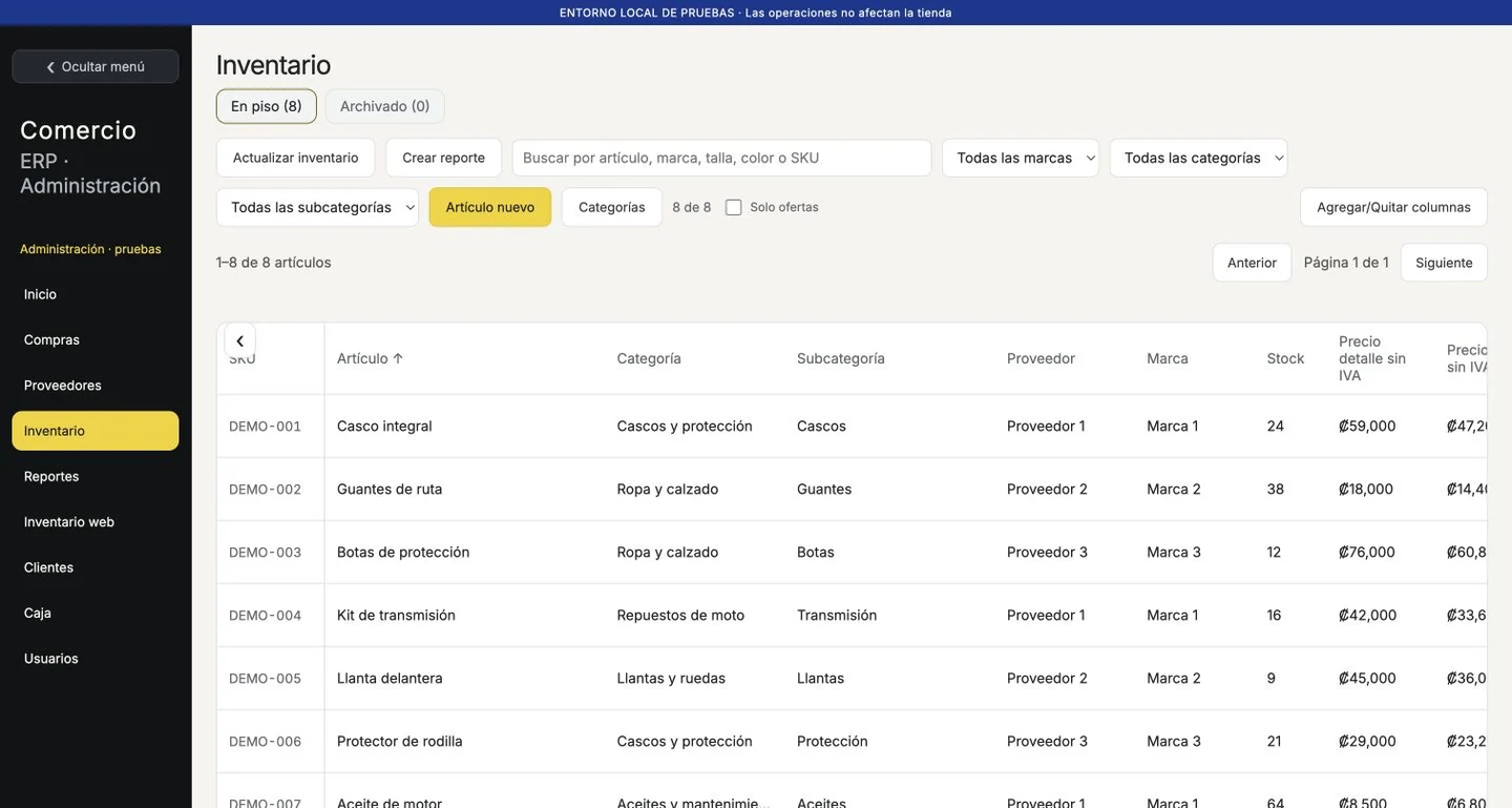 Inventario del ERP con filtros, existencias, proveedores y precios. Interfaz real con datos ficticios.