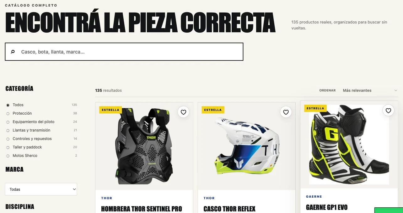 Catálogo de accesorios para motocicletas con búsqueda, filtros por categoría y fichas de producto, sin la marca del cliente.